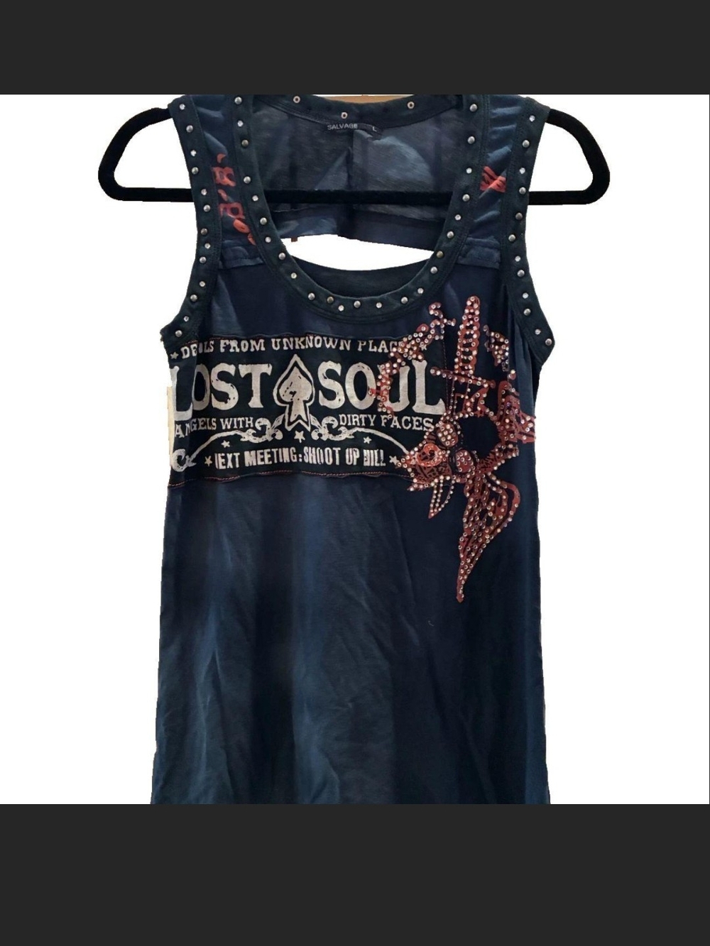 Salvage 'Lost Soul' Studded Navy Graphic Tank Top. L